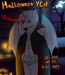 Size: 3500x4000 | Tagged: safe, artist:sparklyon3, rcf community, species:anthro, advertisement, castle, clothing, commission, halloween, holiday, solo, suit, vampire, your character here