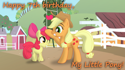 Size: 3840x2160 | Tagged: safe, artist:eagle1division, character:apple bloom, character:applejack, species:earth pony, species:pony, apple, apple bloom's bow, bow, chicken coop, duo, female, fence, filly, food, hair bow, happy birthday mlp:fim, mare, mlp fim's seventh anniversary, noogie, one eye closed, raised hoof, smiling, sweet apple acres, title drop, vector