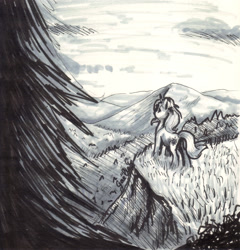 Size: 1631x1698 | Tagged: safe, artist:gaelledragons, character:sunset shimmer, species:pony, species:unicorn, female, mare, monochrome, mountain, scenery, solo, traditional art, tree