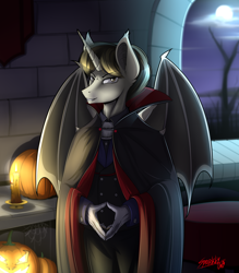 Size: 3500x4000 | Tagged: safe, artist:sparklyon3, rcf community, oc, oc only, oc:coda, species:anthro, species:pony, species:unicorn, castle, clothing, commission, finished, halloween, halloween costume, hand, holiday, pumpkin, suit, vampire, ych result