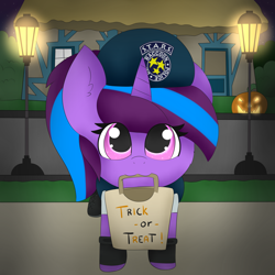 Size: 1280x1280 | Tagged: safe, artist:miss-jessiie, oc, oc only, oc:lavender sundown, species:pony, species:unicorn, female, filly, halloween, holiday, resident evil, solo, trick or treat