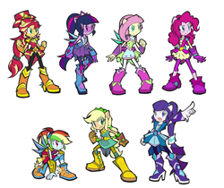 Size: 1280x1077 | Tagged: safe, artist:rvceric, character:applejack, character:fluttershy, character:pinkie pie, character:rainbow dash, character:rarity, character:sunset shimmer, character:twilight sparkle, character:twilight sparkle (scitwi), species:eqg human, episode:super squad goals, g4, my little pony: equestria girls, my little pony:equestria girls, clothing, crystal guardian, dress, humane seven, nail polish, ponied up, simple background, skirt, smiling, visor