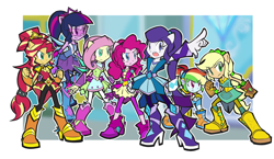 Size: 1550x900 | Tagged: safe, artist:rvceric, character:applejack, character:fluttershy, character:pinkie pie, character:rainbow dash, character:rarity, character:sunset shimmer, character:twilight sparkle, character:twilight sparkle (scitwi), species:eqg human, episode:super squad goals, g4, my little pony: equestria girls, my little pony:equestria girls, :<, clothing, crystal guardian, dress, goggles, humane seven, nail polish, open mouth, ponied up, scene interpretation, simple background, skirt, smiling, visor