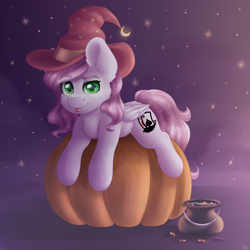 Size: 2000x2000 | Tagged: safe, artist:spirit-dude, oc, oc only, species:pegasus, species:pony, clothing, commission, cute, female, halloween, hat, holiday, looking at you, mare, ocbetes, pumpkin, smiling, witch hat, ych result