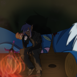 Size: 1688x1688 | Tagged: safe, artist:moonakart13, artist:moonaknight13, character:twilight sparkle, oc, oc:twilight night, species:human, alternate universe, blood, clothing, dark skin, eating, fire, fire pit, food, forest, log, meat, monster, monster hunter, scar, sword, tail, weapon