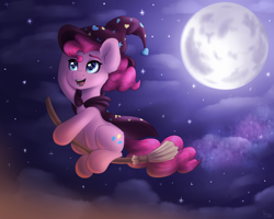 Size: 2500x2000 | Tagged: safe, artist:spirit-dude, character:pinkie pie, broom, clothing, cute, diapinkes, female, flying, flying broomstick, full moon, halloween, hat, high res, holiday, moon, smiling, solo, witch, witch hat