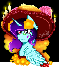 Size: 3000x3687 | Tagged: safe, artist:shamy-crist, oc, oc only, oc:sunny crist, species:alicorn, species:pony, candle, female, heterochromia, high res, mare, solo, sombrero