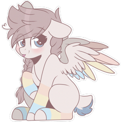 Size: 2048x2048 | Tagged: safe, artist:cinnamontee, oc, oc only, unnamed oc, species:pegasus, species:pony, clothing, colored wings, cute, deer tail, female, high res, mare, multicolored wings, ocbetes, simple background, sitting, socks, solo, striped socks, tongue out, transparent background