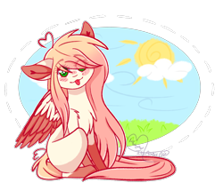 Size: 3018x2482 | Tagged: safe, artist:honeybbear, oc, oc only, oc:akarui sakura, species:pegasus, species:pony, colored wings, female, high res, mare, multicolored wings, sitting, solo, tongue out