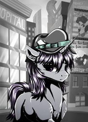 Size: 3000x4125 | Tagged: safe, artist:gaelledragons, oc, oc only, species:pony, species:unicorn, billboard, chest fluff, city, clothing, commission, fanfic, fanfic art, female, french, frown, grayscale, hat, high res, mare, monochrome, partial color, solo focus