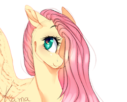 Size: 2000x1600 | Tagged: safe, artist:skimea, character:fluttershy, species:pegasus, species:pony, bust, colored sketch, cute, female, floppy ears, hair over one eye, looking away, looking up, mare, portrait, shyabetes, simple background, smiling, solo, spread wings, wings