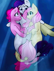 Size: 1536x2048 | Tagged: safe, artist:incendiaryboobs, character:fluttershy, character:pinkie pie, character:rarity, species:seapony (g4), ship:flutterpie, ship:raripie, ship:rarishy, my little pony: the movie (2017), female, flaripie, lesbian, polyamory, seaponified, seapony fluttershy, seapony pinkie pie, seapony rarity, shipping, species swap