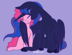 Size: 1664x1275 | Tagged: safe, artist:incendiaryboobs, character:pinkie pie, character:princess luna, species:alicorn, species:earth pony, species:pony, ship:lunapie, cute, eyes closed, female, hooves, hug, lesbian, mare, shipping, simple background, sitting, smiling, winghug