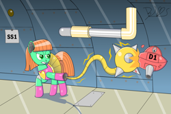 Size: 2993x1985 | Tagged: safe, artist:trackheadtherobopony, oc, oc only, oc:goldheart, species:pony, drone, fight, flail, pipe (plumbing), robot, robot pony, weapon