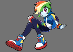 Size: 1320x950 | Tagged: safe, artist:rvceric, character:rainbow dash, g4, my little pony: equestria girls, my little pony:equestria girls, clothing, converse, female, gray background, multicolored hair, shoes, simple background, smiling, solo, wristband