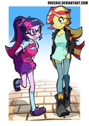 Size: 1950x2750 | Tagged: safe, artist:rvceric, character:sunset shimmer, character:twilight sparkle, character:twilight sparkle (scitwi), species:eqg human, my little pony:equestria girls, arm behind back, belt, boots, bow tie, clothing, glasses, high heel boots, jacket, leather jacket, looking at each other, mary janes, open mouth, pants, ponytail, shirt, shoes, skirt, smiling, socks, vest