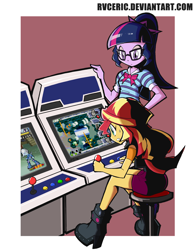 Size: 1800x2300 | Tagged: safe, artist:rvceric, character:sunset shimmer, character:trixie, character:twilight sparkle, character:twilight sparkle (scitwi), species:eqg human, g4, my little pony: equestria girls, my little pony:equestria girls, arcade, arcade cabinet, boots, bow tie, clothing, gamer sunset, gaming, glasses, hairtie, high heel boots, ponytail, shoes, sitting, skirt, stool, sweat, sweatdrop, video game