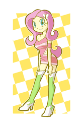 Size: 800x1200 | Tagged: safe, artist:rvceric, character:fluttershy, my little pony:equestria girls, boots, breasts, cleavage, clothing, cute, female, high heel boots, miniskirt, race queen, shoes, shyabetes, skirt, smiling, solo