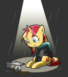 Size: 1327x1498 | Tagged: safe, artist:rvceric, character:sunset shimmer, species:pony, species:unicorn, episode:monday blues, eqg summertime shorts, g4, my little pony: equestria girls, my little pony:equestria girls, clothing, coffee, crying, cup, female, mare, paper bag, rain, sad, sitting, solo, sunsad shimmer