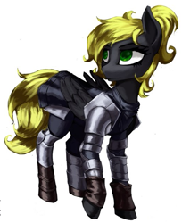 Size: 525x644 | Tagged: safe, artist:nsilverdraws, oc, oc only, oc:veen sundown, species:pegasus, species:pony, armor, armor skirt, blonde, clothing, detailed, female, green eyes, horse, mare, ponytail, simple background, skirt, solo, standing, sundown clan, white background