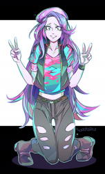 Size: 1200x1968 | Tagged: safe, artist:tyuubatu, character:starlight glimmer, equestria girls:mirror magic, g4, my little pony: equestria girls, my little pony:equestria girls, spoiler:eqg specials, beanie, clothing, female, hat, looking at you, peace sign, smiling, solo