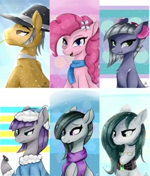 Size: 2024x2380 | Tagged: safe, artist:dashy21, character:boulder, character:cloudy quartz, character:igneous rock pie, character:limestone pie, character:marble pie, character:maud pie, character:pinkie pie, abstract background, clothing, flower, flower in hair, glasses, glasses off, hat, pie family, scarf, snow, snowfall