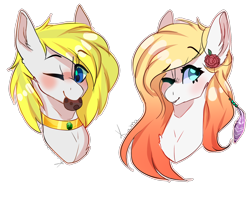 Size: 2000x1600 | Tagged: safe, artist:skimea, oc, oc only, oc:cadent light, oc:ember (cinnamontee), species:pegasus, species:pony, blonde, bust, cookie, female, food, male, mare, mouth hold, one eye closed, portrait, simple background, stallion, transparent background, wink