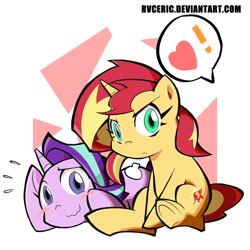 Size: 1100x1100 | Tagged: safe, artist:rvceric, character:starlight glimmer, character:sunset shimmer, species:pony, species:unicorn, angry, blushing, cute, dialogue, duo, exclamation point, female, floppy ears, frown, glimmerbetes, heart, looking at you, lying down, mare, pictogram, shimmerbetes, simple background, sitting, smiling, speech bubble, wavy mouth, white background