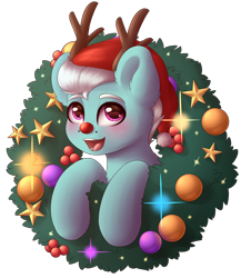 Size: 3000x3325 | Tagged: safe, artist:spirit-dude, character:fleetfoot, species:pony, antlers, christmas, christmas wreath, clothing, commission, female, hat, holiday, mare, red nose, reindeer antlers, santa hat, simple background, smiling, solo, transparent background, wreath, ych result