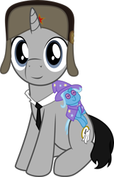 Size: 1800x2794 | Tagged: safe, artist:eagle1division, character:trixie, oc, oc only, oc:ragtime melody, species:pony, species:unicorn, 2018 community collab, derpibooru community collaboration, clothing, hat, looking at you, male, necktie, plushie, simple background, sitting, smiling, solo, soviet, stallion, transparent background, ushanka, vector