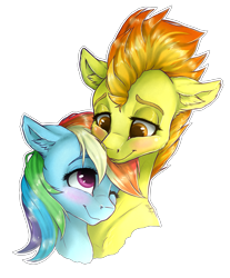 Size: 3655x4415 | Tagged: safe, artist:gaelledragons, character:rainbow dash, character:spitfire, species:pony, ship:spitdash, blushing, bust, cute, ear fluff, female, floppy ears, lesbian, mare, one eye closed, shipping, simple background, smiling, transparent background
