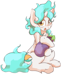 Size: 1200x1200 | Tagged: safe, artist:ruby, oc, oc only, oc:asha, species:pony, species:unicorn, 2018 community collab, derpibooru community collaboration, aubergine, eggplant, female, food, mare, simple background, sitting, solo, tongue out, transparent background