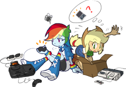 Size: 968x672 | Tagged: safe, artist:rvceric, character:applejack, character:rainbow dash, my little pony:equestria girls, box, clothing, cowboy hat, game console, hat, hucard, pc engine, pc engine cd, pictogram, question mark, searching, sega 32x, sega cd, sega genesis, simple background, stetson, transparent background, turbografx-16, video game