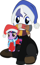 Size: 992x1600 | Tagged: safe, artist:eagle1division, character:twilight sparkle, oc, oc:star scraper, species:pony, species:unicorn, 2018 community collab, derpibooru community collaboration, blanket, christmas, clothing, coat, hat, holiday, jacket, looking at you, male, nightcap, pants, peacoat, plushie, safety pin, santa hat, scarf, shoes, simple background, sitting, solo, stallion, transparent background, vector