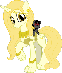 Size: 1184x1400 | Tagged: safe, artist:eagle1division, oc, oc only, oc:sunny's heart, oc:swift bolt, species:alicorn, species:pony, 2018 community collab, derpibooru community collaboration, alicorn oc, claws, clothing, female, gold, hybrid, jewelry, looking at you, mare, original species, paws, plushie, sash, simple background, solo, toga, transparent background, vector