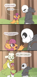 Size: 2124x4396 | Tagged: safe, artist:synnibear03, character:scootaloo, oc, oc:ponytale scootaloo, species:anthro, species:pegasus, species:pony, comic:ponytale, clothing, comic, crossover, dress, reapertale, reapertale scootaloo, sans (undertale), toriel, undertale