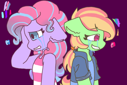 Size: 2400x1600 | Tagged: safe, artist:synnibear03, oc, oc only, oc:goofball, oc:mint swirl, parent:pinkie pie, parent:rainbow dash, parents:pinkiedash, species:anthro, comic:ponytale, duo, female, magical lesbian spawn, offspring, sisters