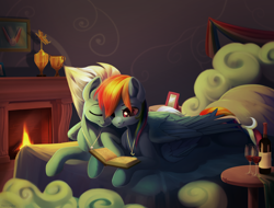Size: 2840x2160 | Tagged: safe, artist:taneysha, character:fleetfoot, character:rainbow dash, species:pegasus, species:pony, ship:fleetdash, alcohol, bed, bedroom, book, commission, cuddling, cutie mark necklace, eyes closed, female, fireplace, glass, jewelry, lesbian, mare, necklace, prone, romantic, shipping, snuggling, trophy, wine, wine bottle, wine glass