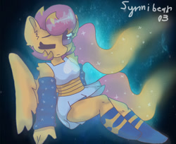 Size: 1906x1554 | Tagged: safe, artist:synnibear03, character:scootaloo, oc, oc:ponytale scootaloo, species:anthro, species:pegasus, species:pony, comic:ponytale, blue underwear, clothing, female, outertale, outertale scootaloo, panties, skirt, solo, underwear, upskirt