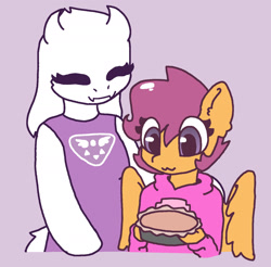 Size: 1412x1388 | Tagged: safe, artist:synnibear03, character:scootaloo, oc, oc:ponytale scootaloo, species:anthro, species:pegasus, species:pony, comic:ponytale, duo, food, pie, toriel, undertale
