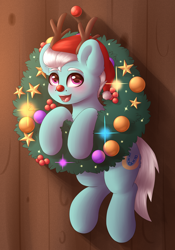 Size: 2100x3000 | Tagged: safe, alternate version, artist:spirit-dude, character:fleetfoot, species:pony, christmas, christmas wreath, clothing, commission, female, hat, holiday, looking at you, mare, santa hat, smiling, wreath, ych result