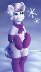 Size: 1700x3000 | Tagged: safe, artist:spirit-dude, character:double diamond, species:earth pony, species:pony, bipedal, clothing, cute, male, scarf, smiling, snow, snowfall, snowflake, solo, stockings, thigh highs