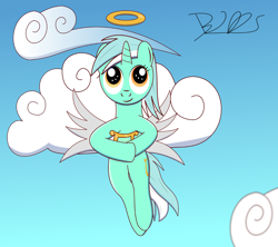 Size: 1800x1595 | Tagged: safe, artist:trackheadtherobopony, character:lyra heartstrings, species:pony, species:unicorn, angel, cloud, female, flying, halo, lyre, signature, sky, solo, species swap, wings
