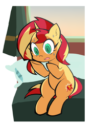 Size: 700x950 | Tagged: safe, artist:rvceric, character:sunset shimmer, species:pony, species:unicorn, bed, female, horn, mare, nervous, pillow, sitting, solo, surprised, sweat, wide eyes