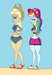 Size: 1777x2553 | Tagged: safe, artist:hunterxcolleen, character:applejack, character:rainbow dash, my little pony:equestria girls, beach, belly button, bikini, clothing, feet, hat, sandals, shorts, swimming trunks, swimsuit