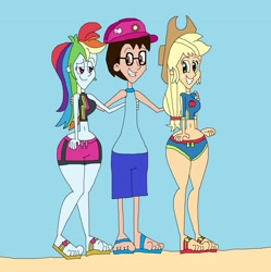 Size: 2489x2497 | Tagged: safe, artist:hunterxcolleen, character:applejack, character:rainbow dash, oc, self insert, my little pony:equestria girls, 1000 hours in ms paint, beach, belly button, bikini, clothing, feet, glasses, hat, love triangle, pairings, sandals, shipping, swimming trunks, swimsuit
