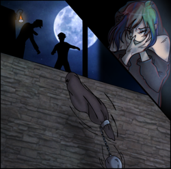 Size: 1280x1265 | Tagged: safe, artist:isadamu, artist:stuflox, character:rainbow dash, species:human, ball and chain, book, clothing, collaboration, covering, crossover, edmond dantes, eyes closed, full moon, holding breath, humanized, moon, night, novel, rainbow dantes, sack, stars, story in the source, story included, the count of monte cristo, the count of monte rainbow
