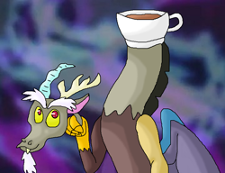 Size: 840x644 | Tagged: safe, artist:mojo1985, character:discord, species:draconequus, abstract background, cup, discord being discord, looking up, male, modular, smiling, solo, teacup, wat