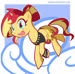 Size: 1365x1330 | Tagged: safe, artist:rvceric, character:sunset shimmer, species:pony, species:unicorn, equestria girls:forgotten friendship, g4, my little pony: equestria girls, clothing, female, mare, open mouth, sarong, skirt, smiling, solo, summer sunset, swimsuit