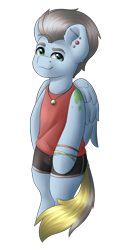 Size: 1584x3000 | Tagged: safe, artist:spirit-dude, oc, oc only, oc:clear skies, arm hooves, clothing, commission, ear piercing, male, piercing, shorts, simple background, solo, transparent background